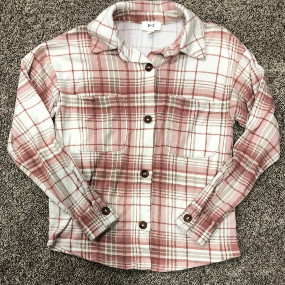 BKE Kids Plaid Flannel Soft Button Up Shirt - Pink, Cream and Brown.